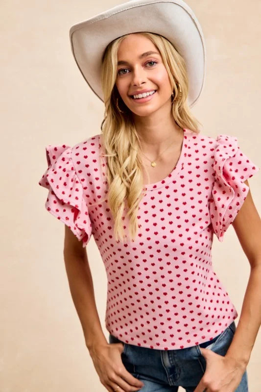 BiBi Heart Patterned Knit Ruffled Sleeves Top - PINK/RED / S