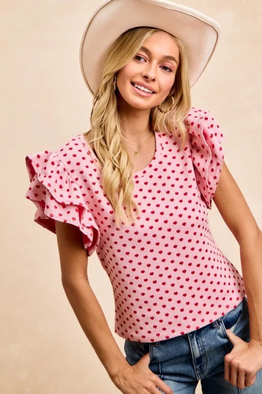 BiBi Heart Patterned Knit Ruffled Sleeves Top - PINK/RED / S