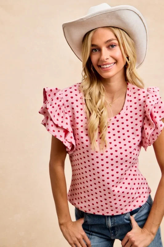 BiBi Heart Patterned Knit Ruffled Sleeves Top - PINK/RED / S
