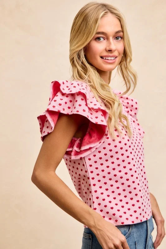 BiBi Heart Patterned Knit Ruffled Sleeves Top - PINK/RED / S