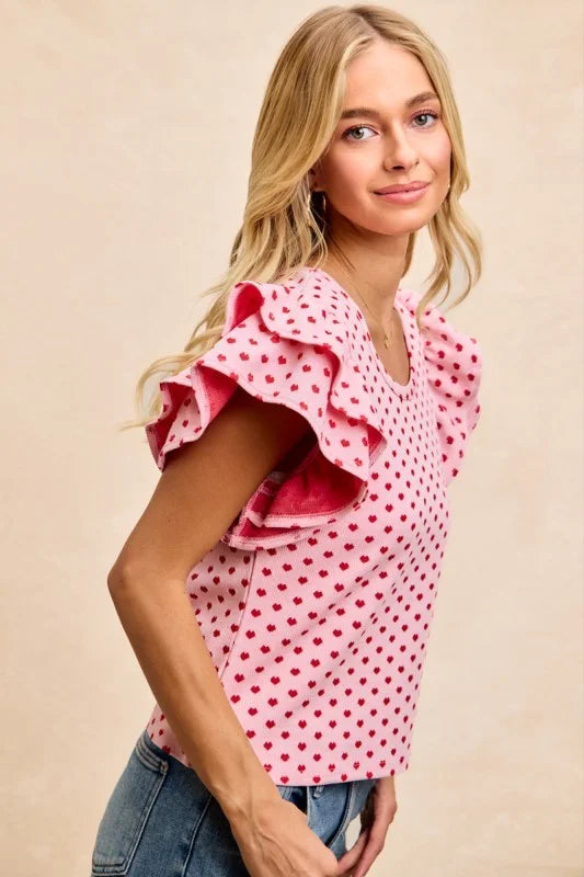 BiBi Heart Patterned Knit Ruffled Sleeves Top - PINK/RED / S