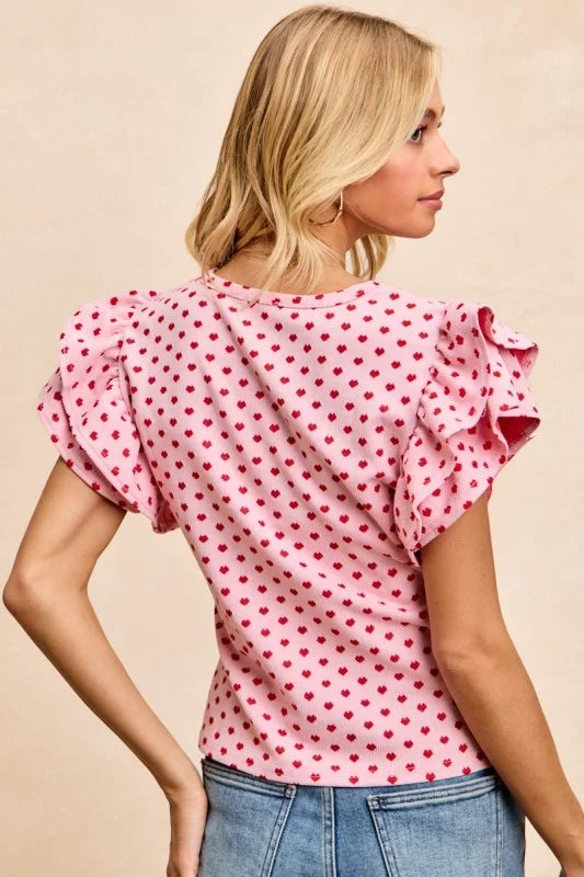 BiBi Heart Patterned Knit Ruffled Sleeves Top - PINK/RED / S