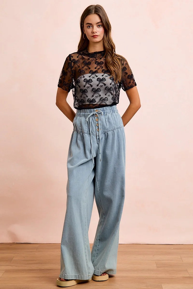BiBi High Neckline Short Sleeves Bow Pattern Mesh Top - BLACK / S