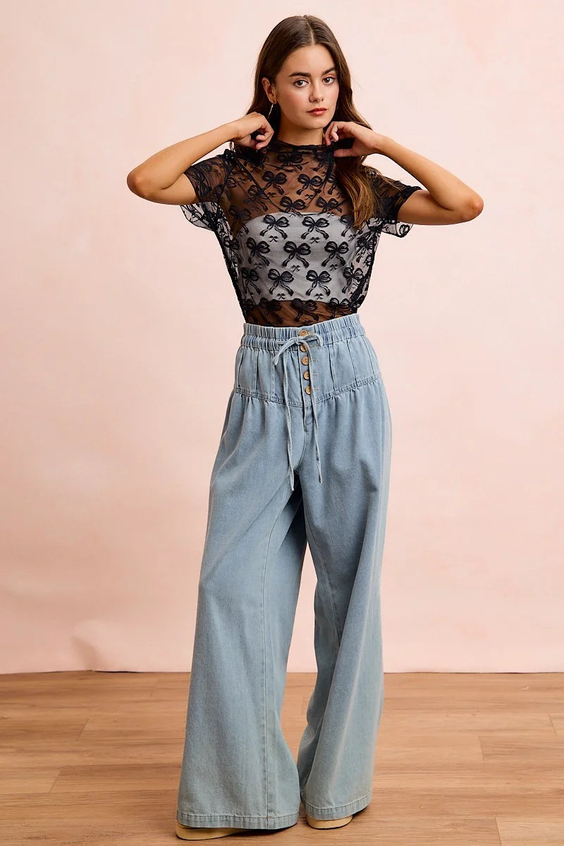 BiBi High Neckline Short Sleeves Bow Pattern Mesh Top - BLACK / S