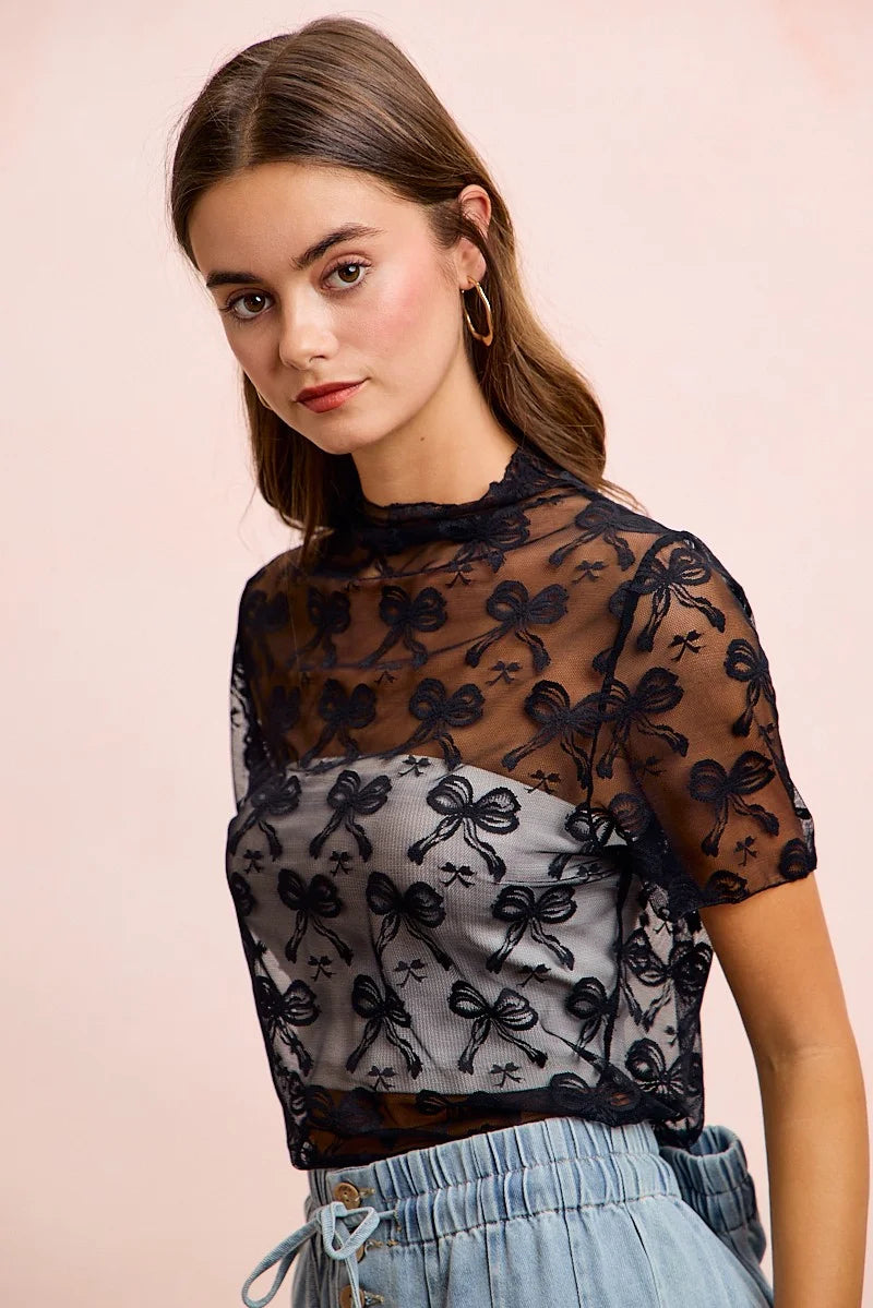 BiBi High Neckline Short Sleeves Bow Pattern Mesh Top - BLACK / S