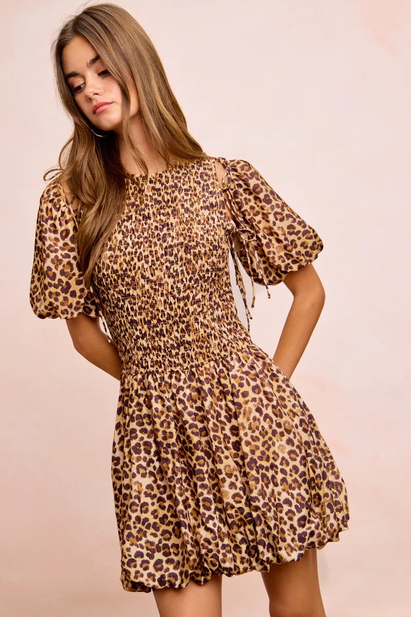 BiBi Leopard Bow Tie Attachable Puff Sleeves Dress - LEOPARD / S