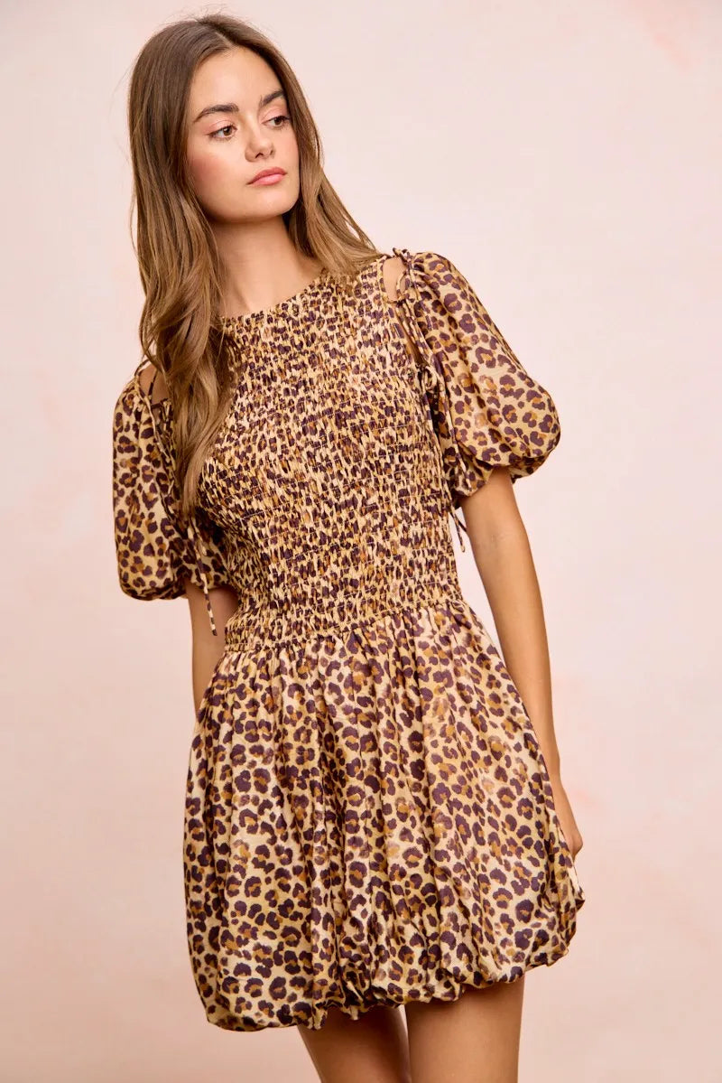 BiBi Leopard Bow Tie Attachable Puff Sleeves Dress - LEOPARD / S