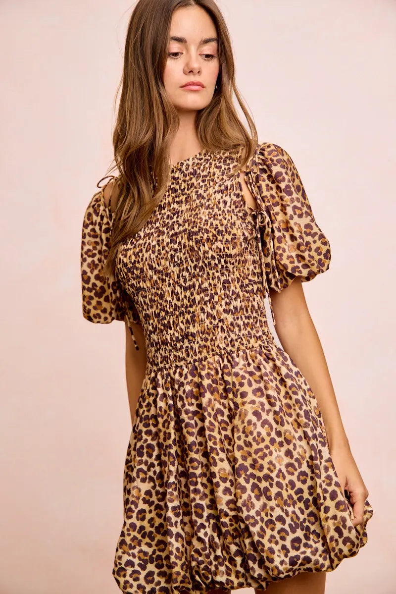 BiBi Leopard Bow Tie Attachable Puff Sleeves Dress - LEOPARD / S