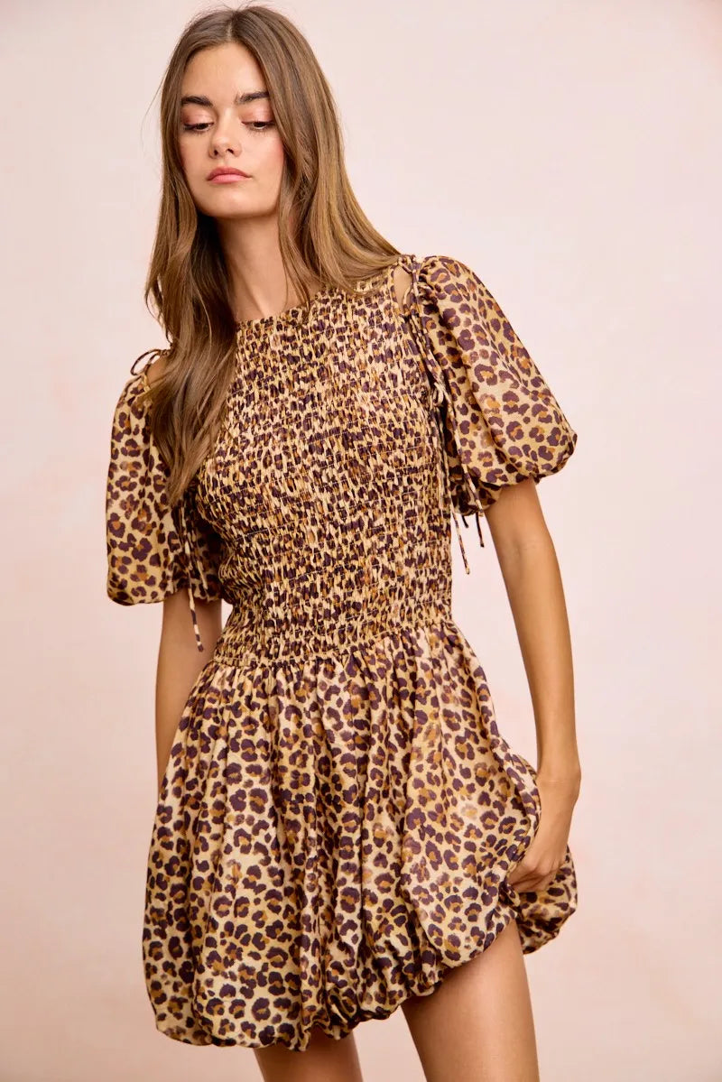 BiBi Leopard Bow Tie Attachable Puff Sleeves Dress - LEOPARD / S