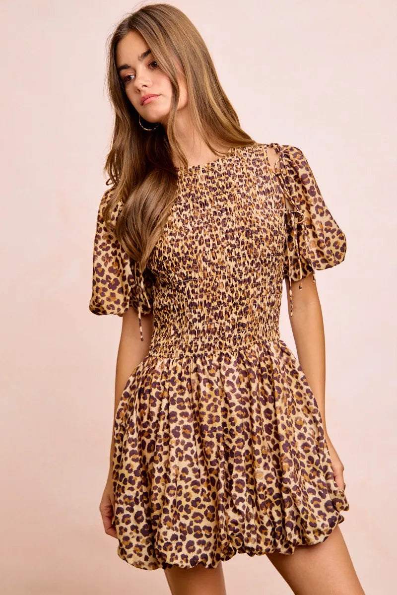 BiBi Leopard Bow Tie Attachable Puff Sleeves Dress - LEOPARD / S