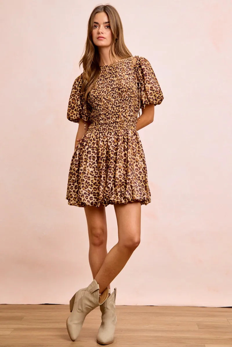 BiBi Leopard Bow Tie Attachable Puff Sleeves Dress - LEOPARD / S