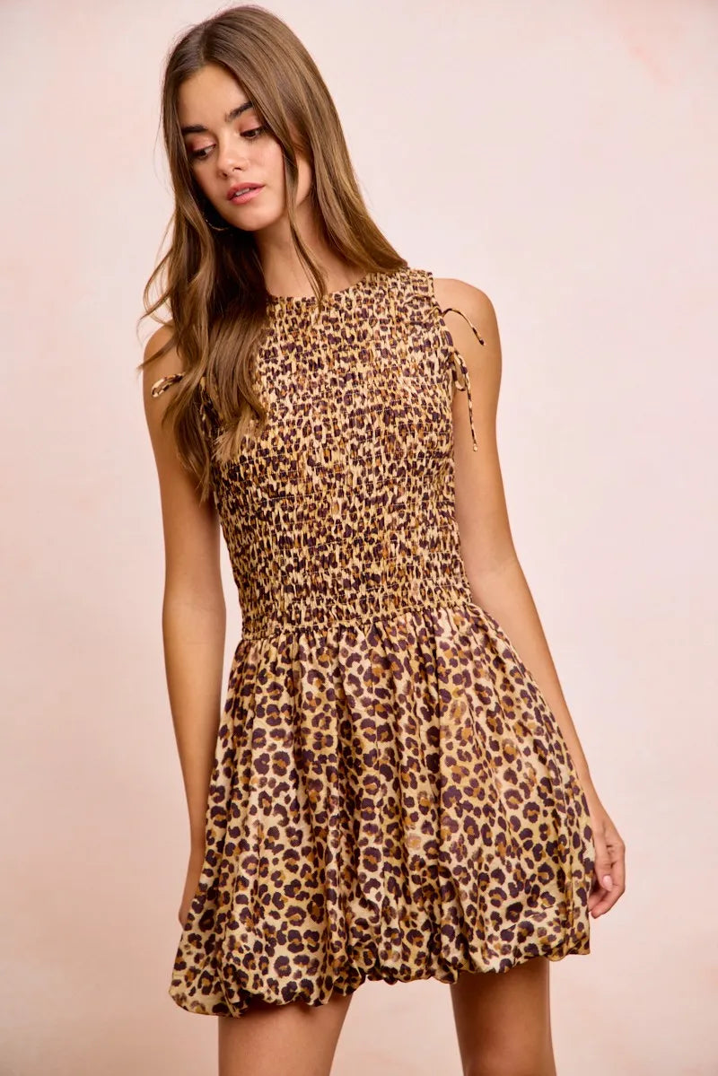 BiBi Leopard Bow Tie Attachable Puff Sleeves Dress - LEOPARD / S