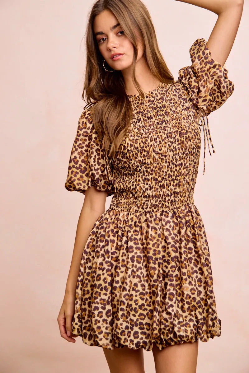 BiBi Leopard Bow Tie Attachable Puff Sleeves Dress - LEOPARD / S