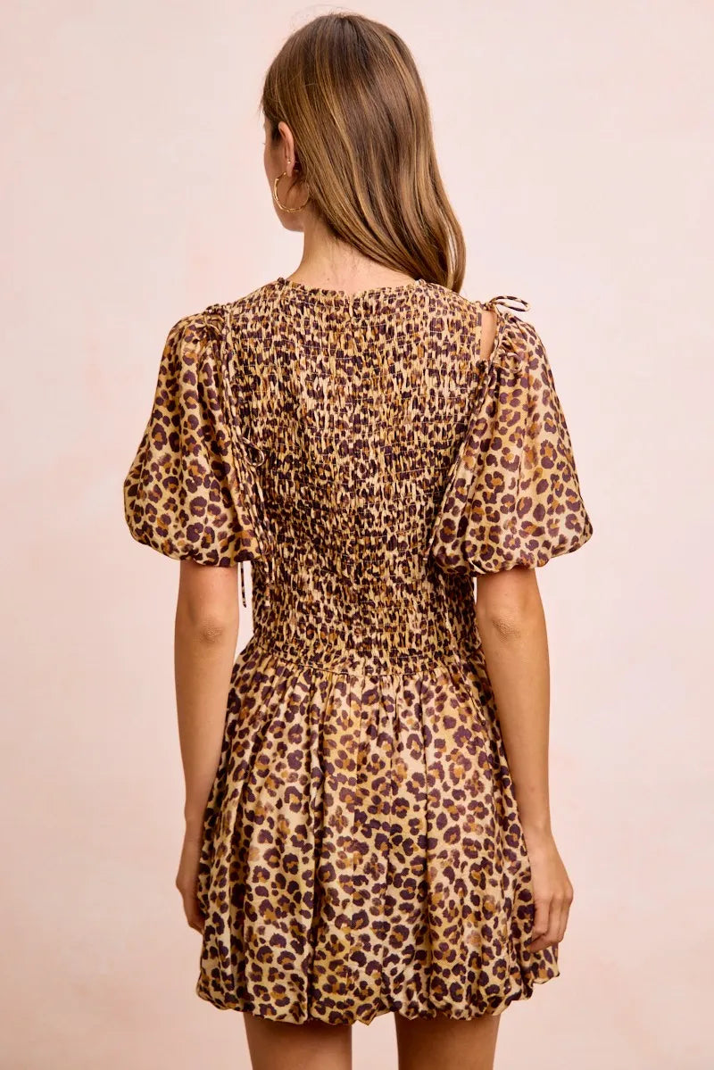 BiBi Leopard Bow Tie Attachable Puff Sleeves Dress - LEOPARD / S
