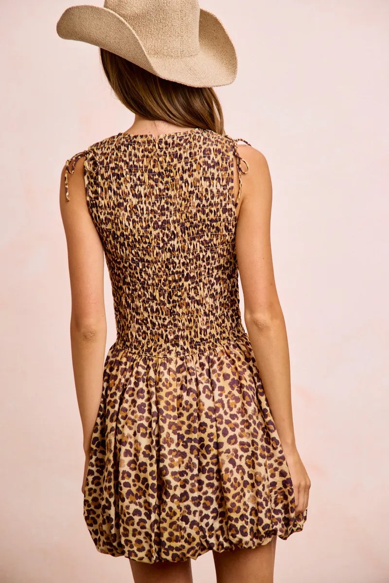 BiBi Leopard Bow Tie Attachable Puff Sleeves Dress - LEOPARD / S