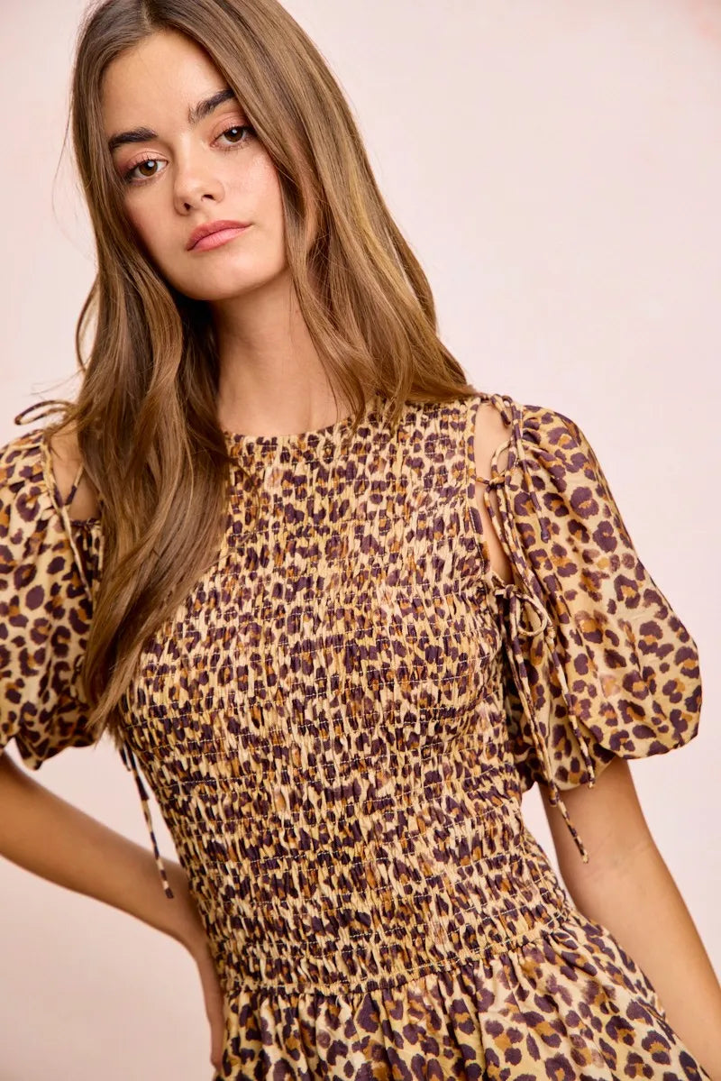 BiBi Leopard Bow Tie Attachable Puff Sleeves Dress - LEOPARD / S