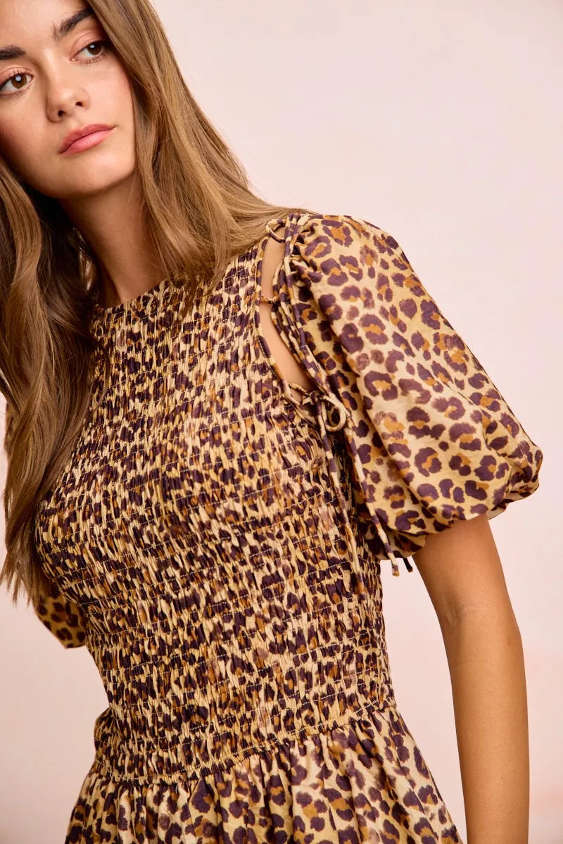 BiBi Leopard Bow Tie Attachable Puff Sleeves Dress - LEOPARD / S