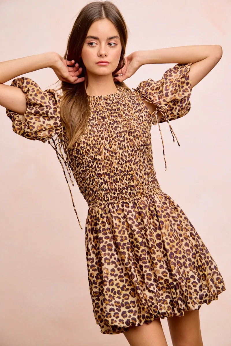 BiBi Leopard Bow Tie Attachable Puff Sleeves Dress - LEOPARD / S