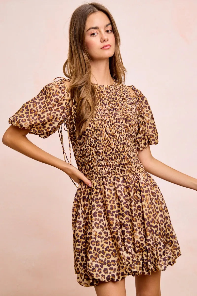 BiBi Leopard Bow Tie Attachable Puff Sleeves Dress - LEOPARD / S