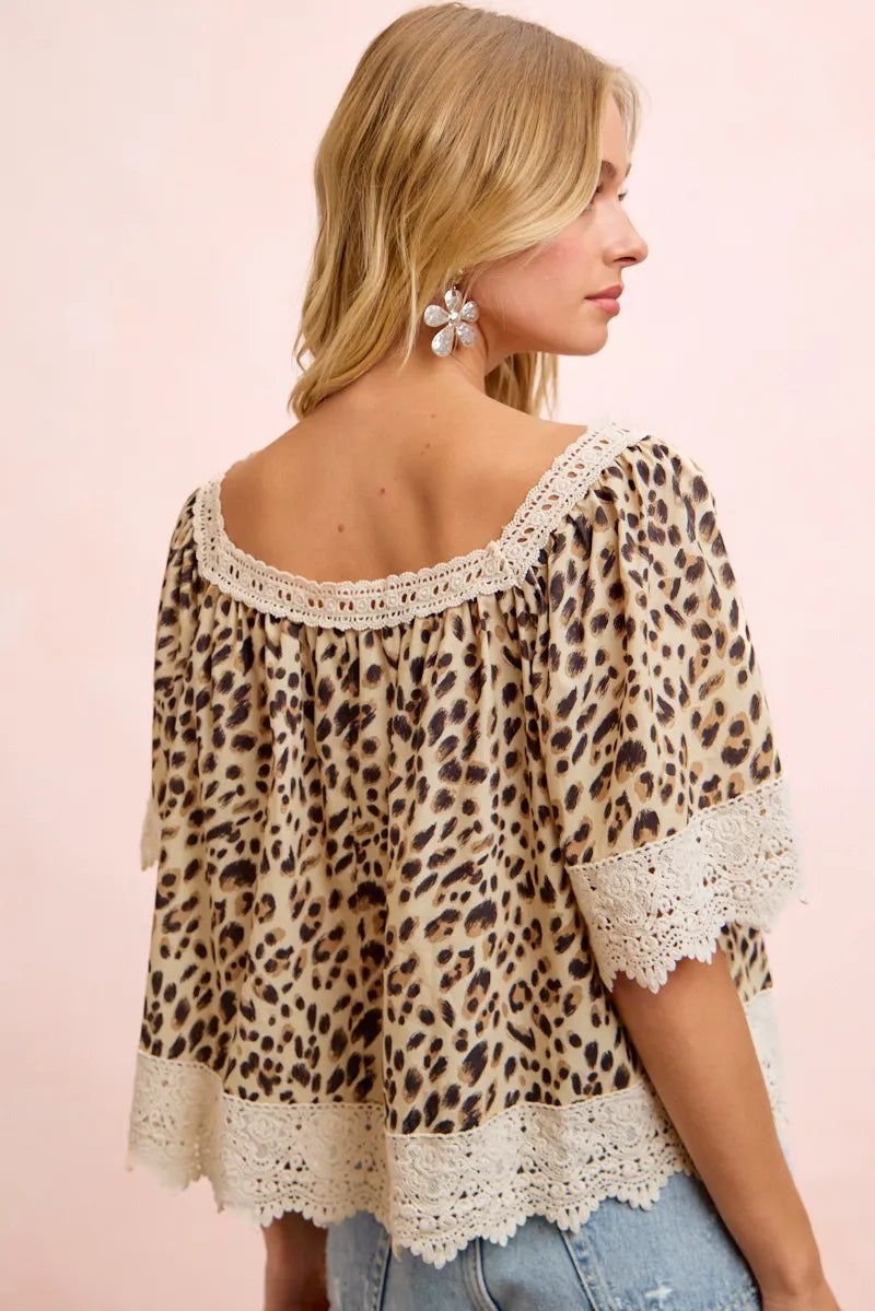 BiBi Leopard Lace Mix And Match Square Neckline Top - Leopard / S