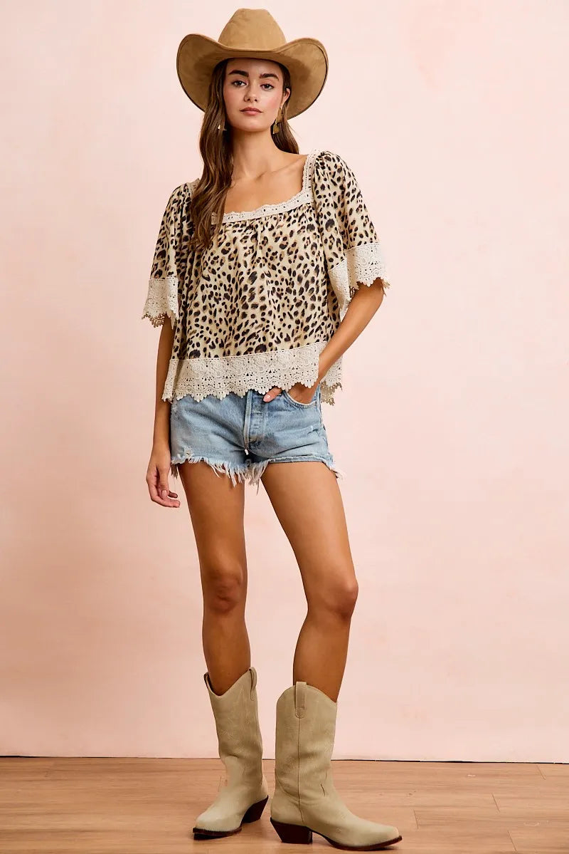BiBi Leopard Lace Mix And Match Square Neckline Top - Leopard / S
