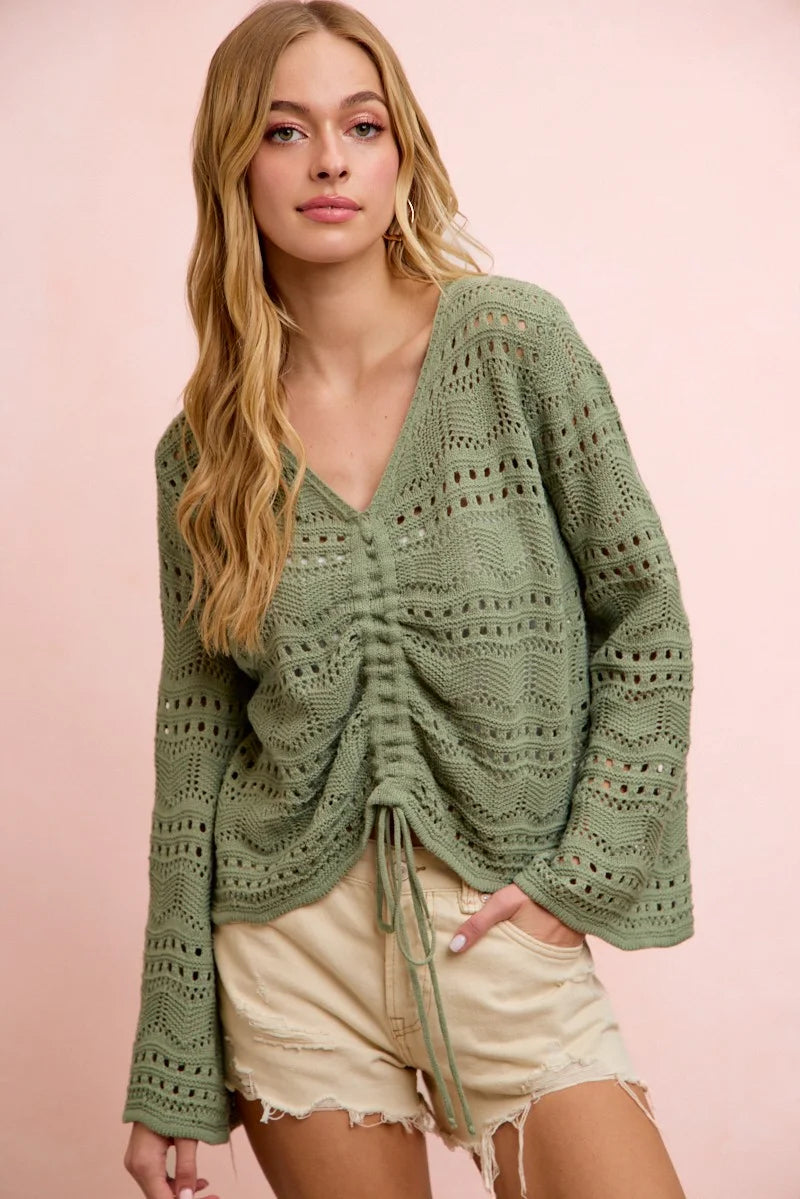 BiBi Pointelle Knit V Neck Ruched Front Lightweight Top - Sage Green / S