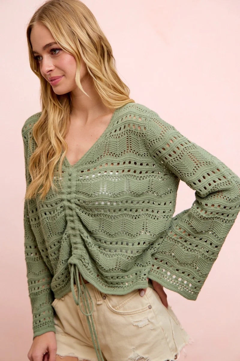 BiBi Pointelle Knit V Neck Ruched Front Lightweight Top - Sage Green / S