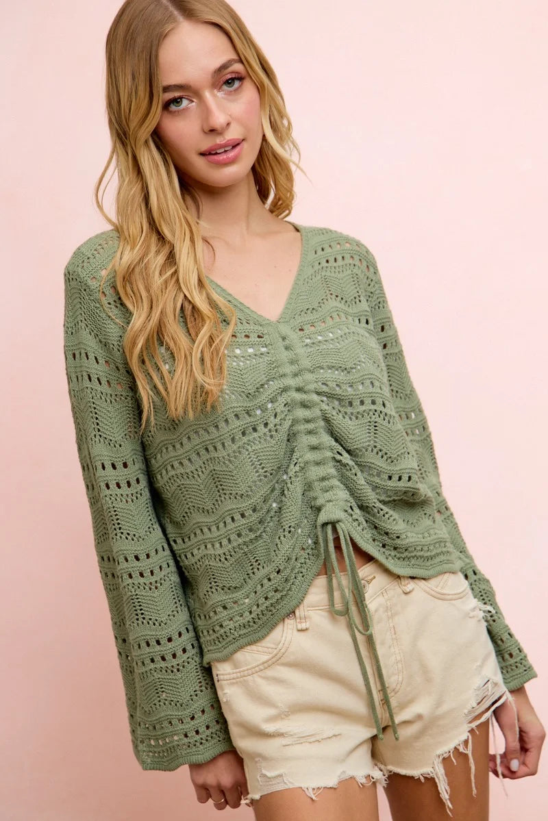 BiBi Pointelle Knit V Neck Ruched Front Lightweight Top - Sage Green / S