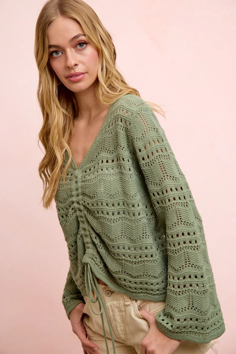 BiBi Pointelle Knit V Neck Ruched Front Lightweight Top - Sage Green / S