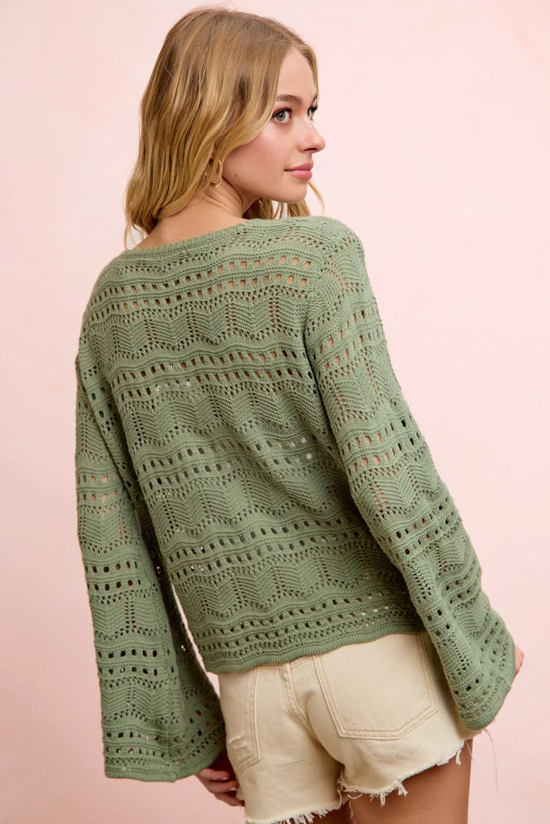 BiBi Pointelle Knit V Neck Ruched Front Lightweight Top - Sage Green / S