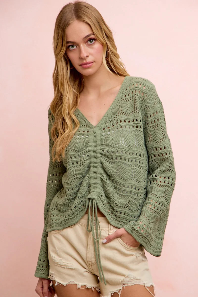 BiBi Pointelle Knit V Neck Ruched Front Lightweight Top - Sage Green / S
