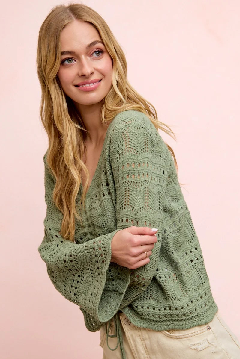 BiBi Pointelle Knit V Neck Ruched Front Lightweight Top - Sage Green / S