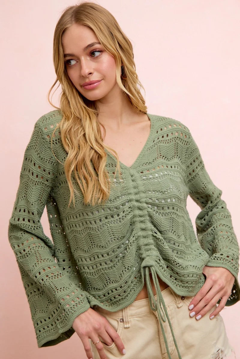 BiBi Pointelle Knit V Neck Ruched Front Lightweight Top - Sage Green / S