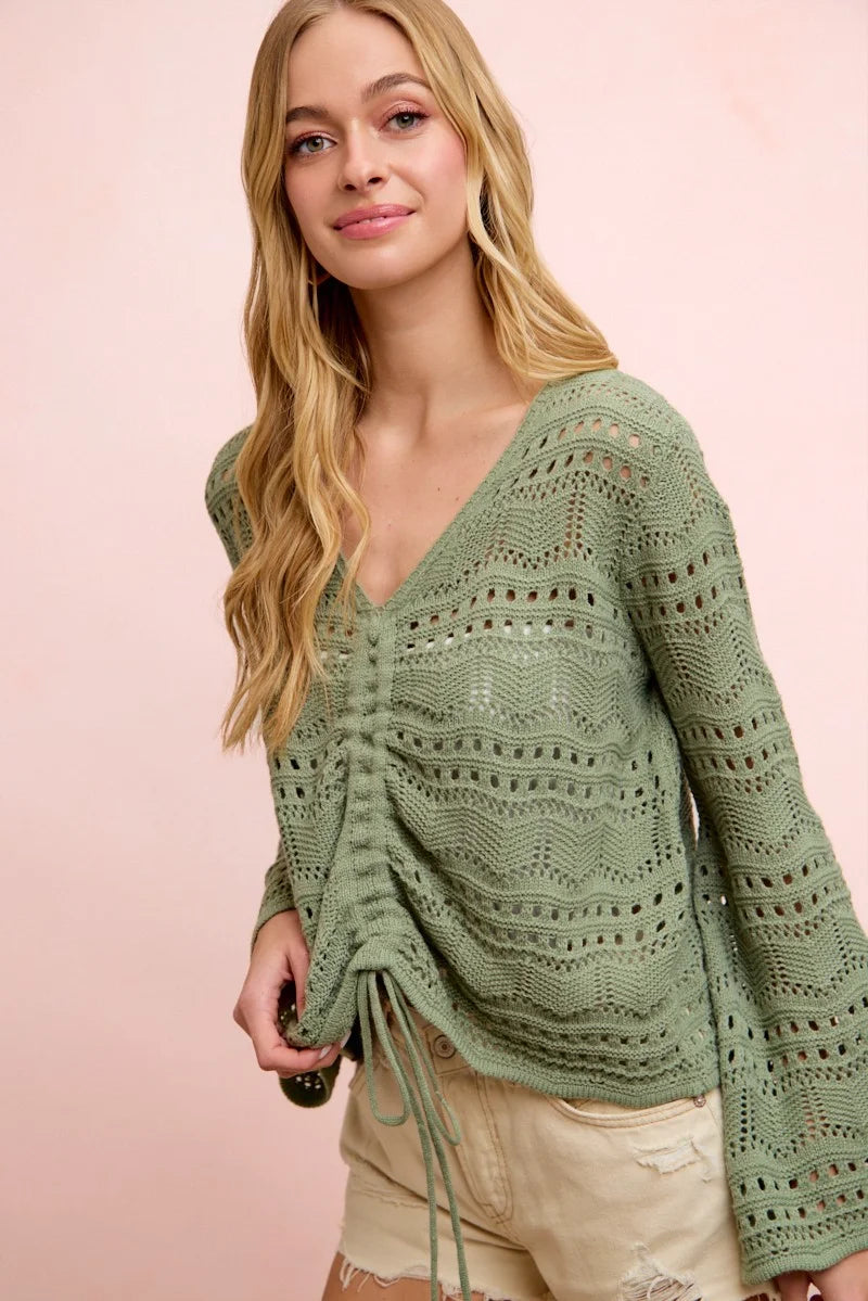 BiBi Pointelle Knit V Neck Ruched Front Lightweight Top - Sage Green / S