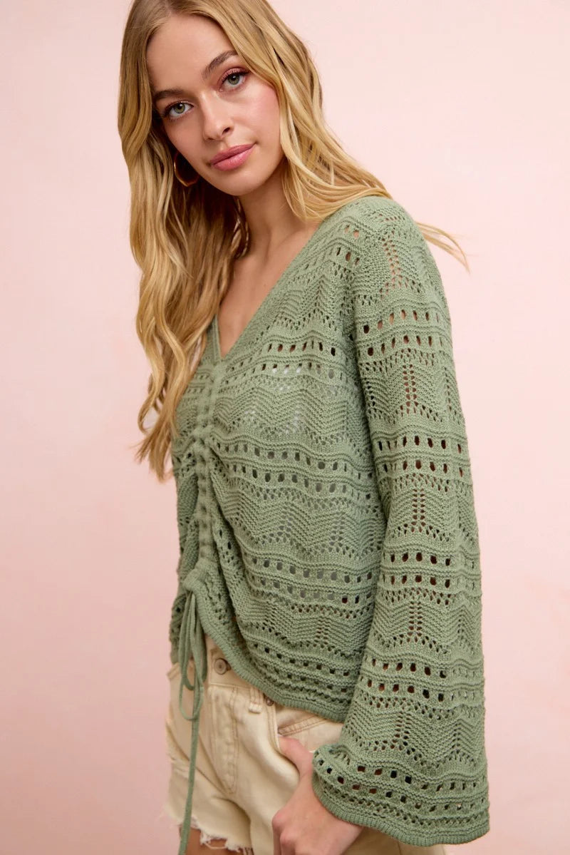 BiBi Pointelle Knit V Neck Ruched Front Lightweight Top - Sage Green / S