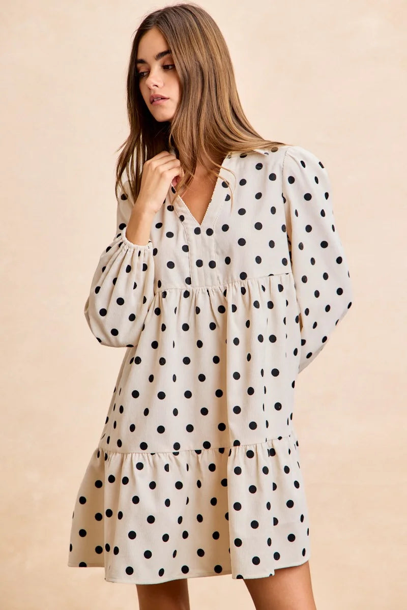 BiBi Polka Dot Corduroy Collared V Neck Dress - IVORY / S