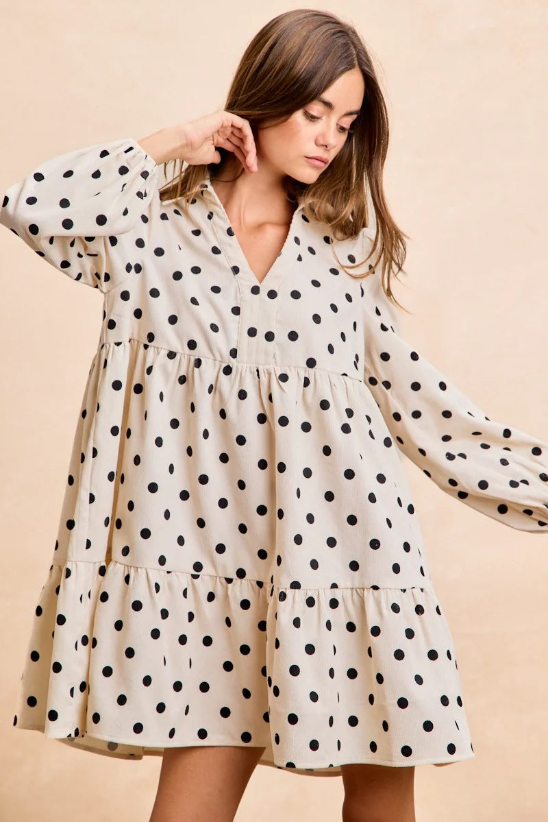 BiBi Polka Dot Corduroy Collared V Neck Dress - IVORY / S