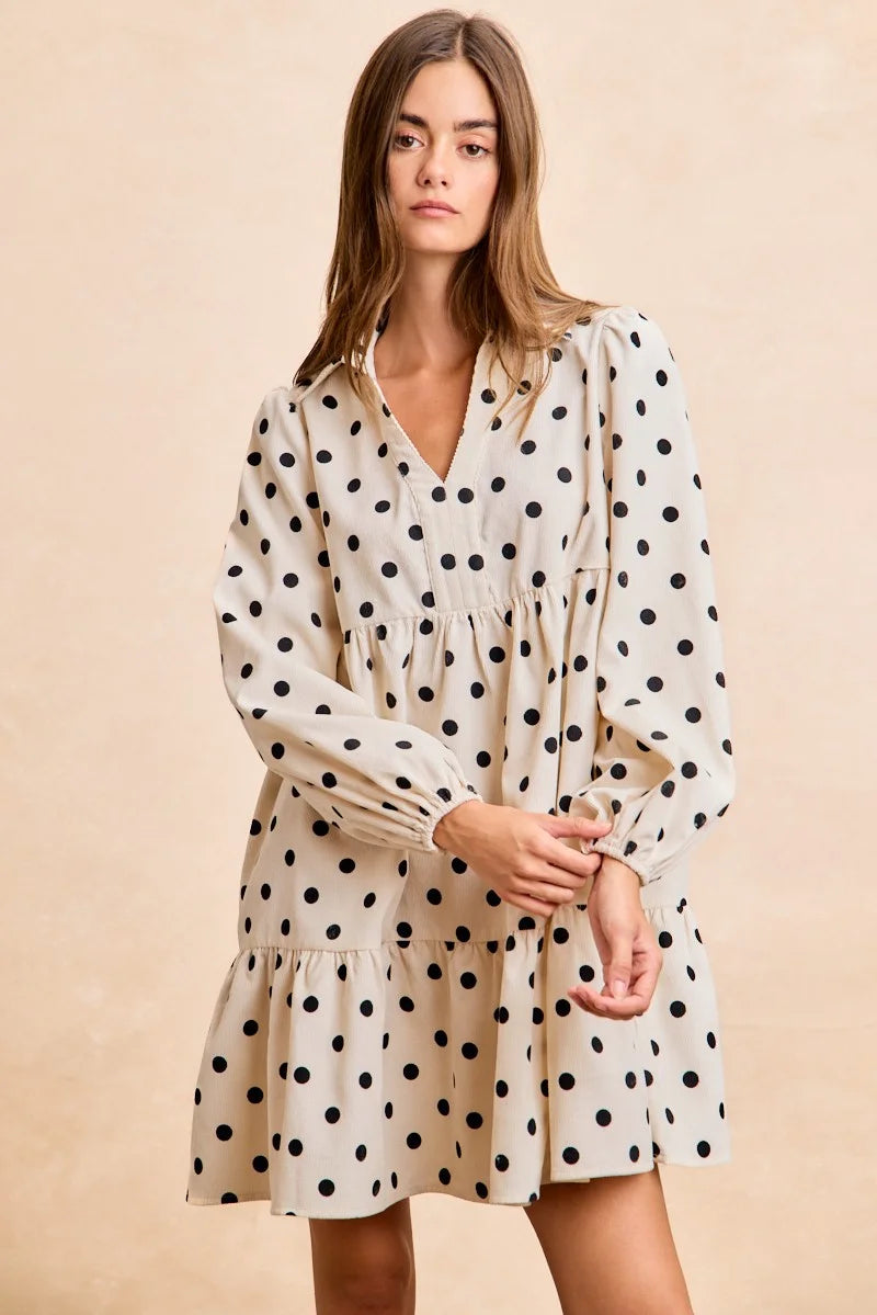 BiBi Polka Dot Corduroy Collared V Neck Dress - IVORY / S