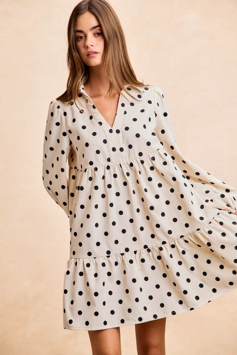 BiBi Polka Dot Corduroy Collared V Neck Dress - IVORY / S