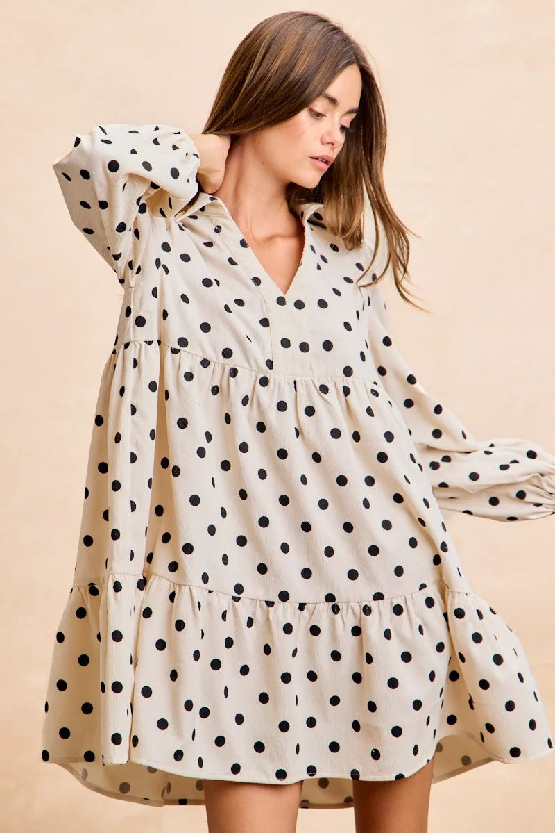 BiBi Polka Dot Corduroy Collared V Neck Dress - IVORY / S