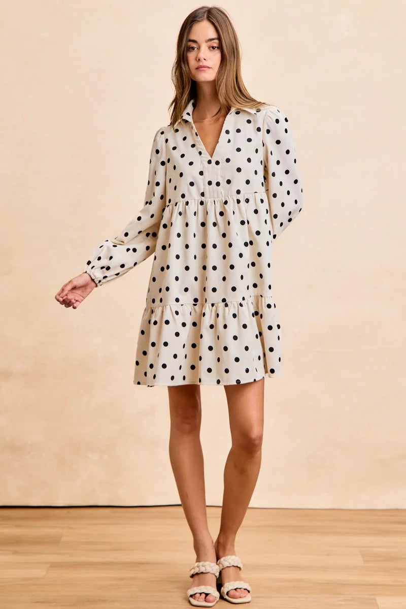 BiBi Polka Dot Corduroy Collared V Neck Dress - IVORY / S
