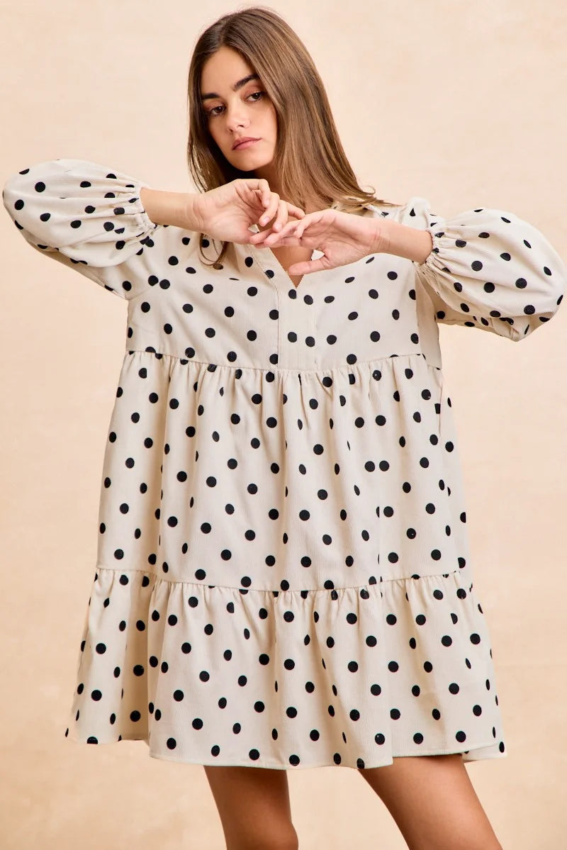 BiBi Polka Dot Corduroy Collared V Neck Dress - IVORY / S