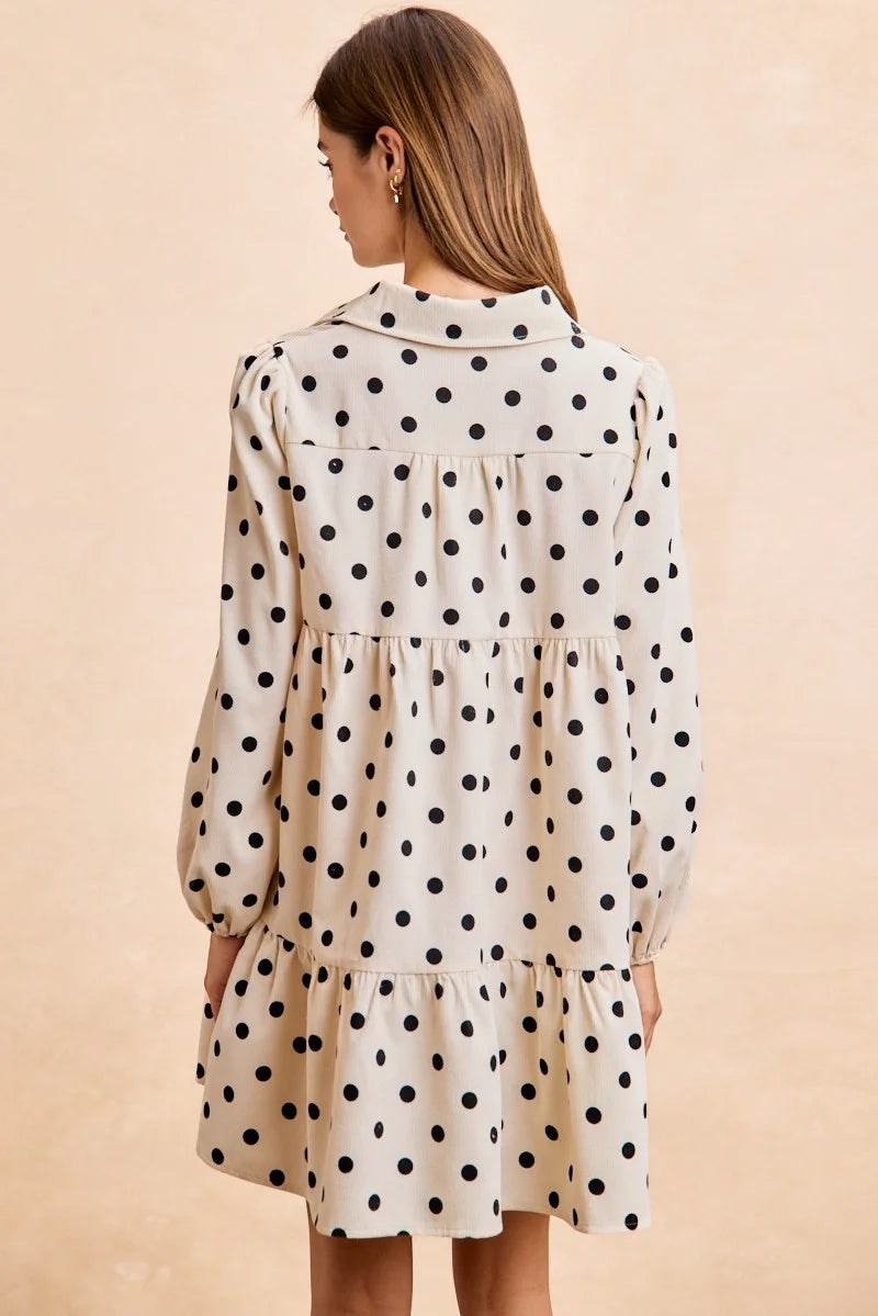 BiBi Polka Dot Corduroy Collared V Neck Dress - IVORY / S