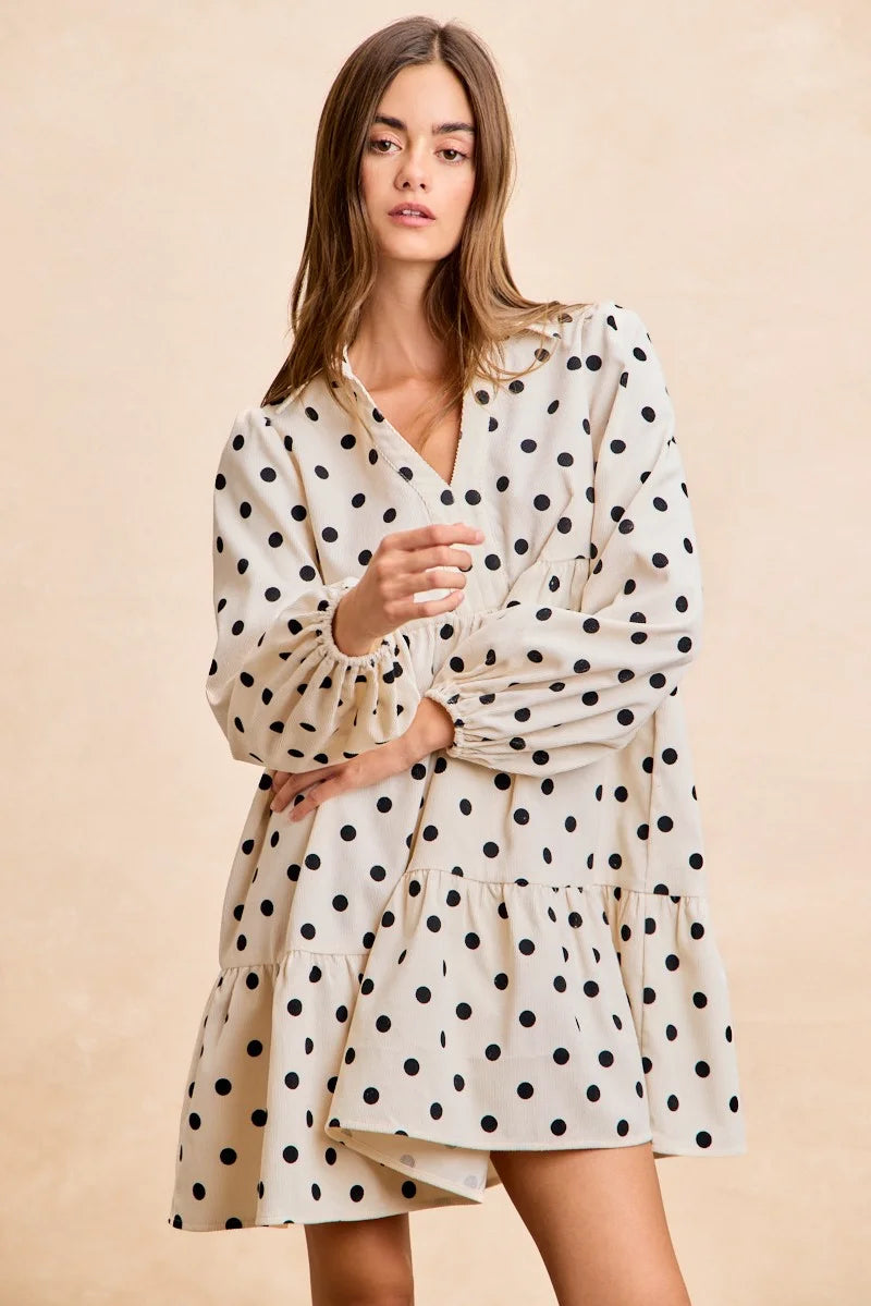 BiBi Polka Dot Corduroy Collared V Neck Dress - IVORY / S