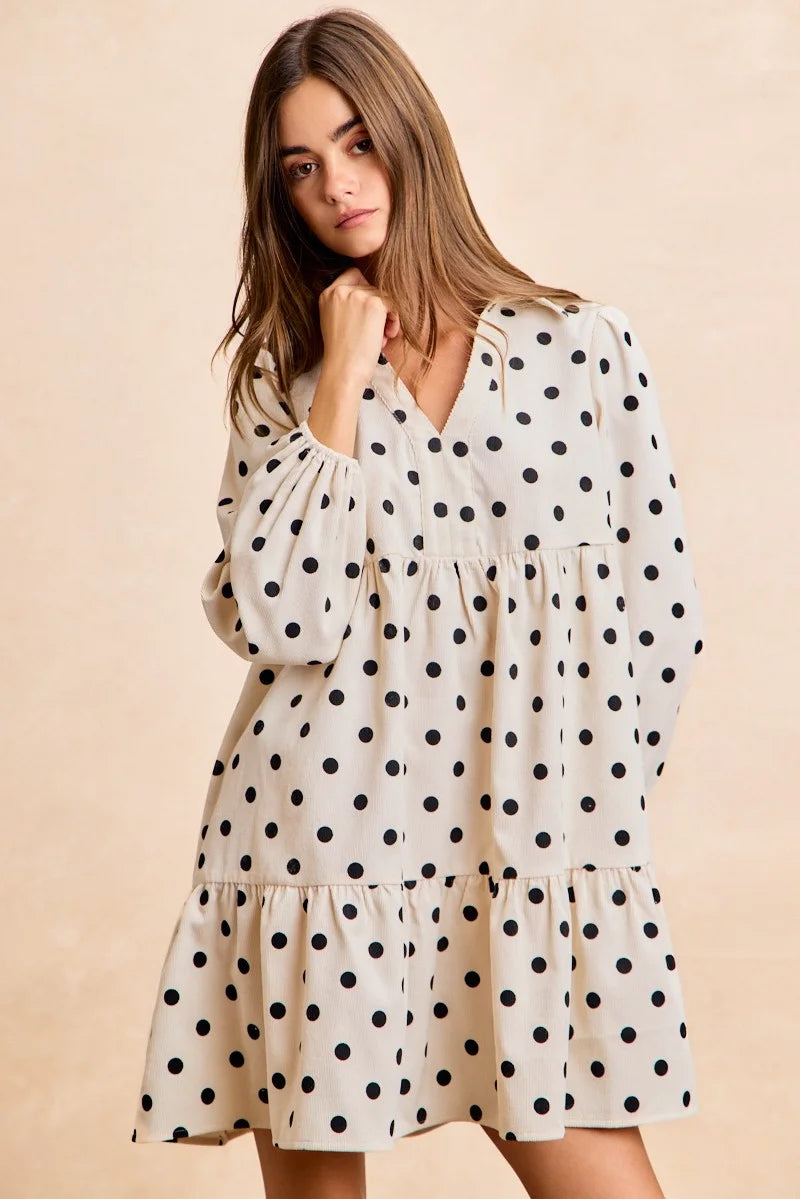 BiBi Polka Dot Corduroy Collared V Neck Dress - IVORY / S