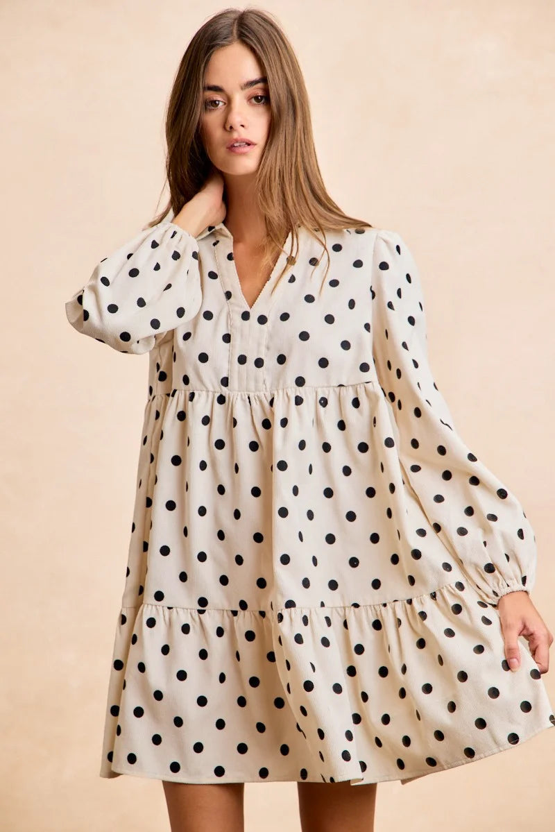 BiBi Polka Dot Corduroy Collared V Neck Dress - IVORY / S