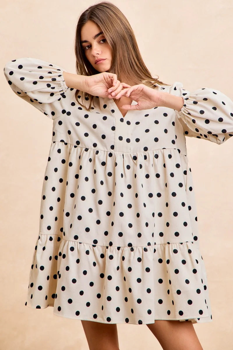 BiBi Polka Dot Corduroy Collared V Neck Dress - IVORY / S