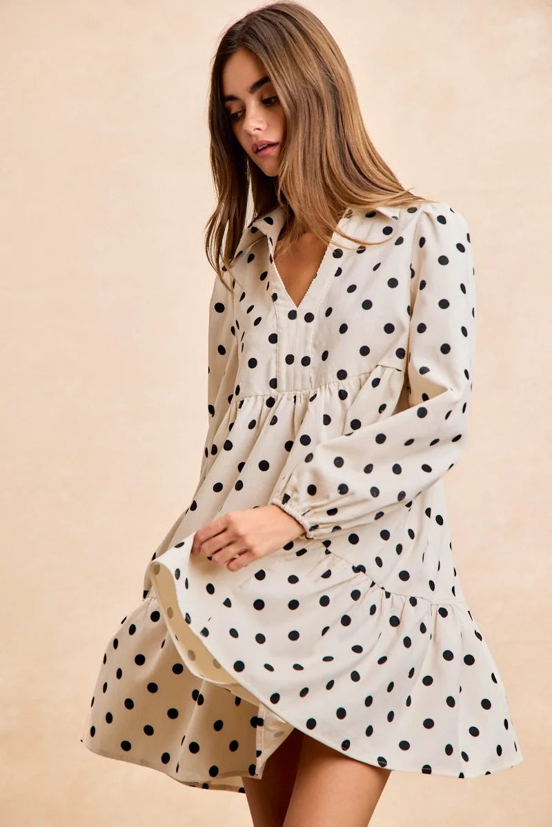 BiBi Polka Dot Corduroy Collared V Neck Dress - IVORY / S