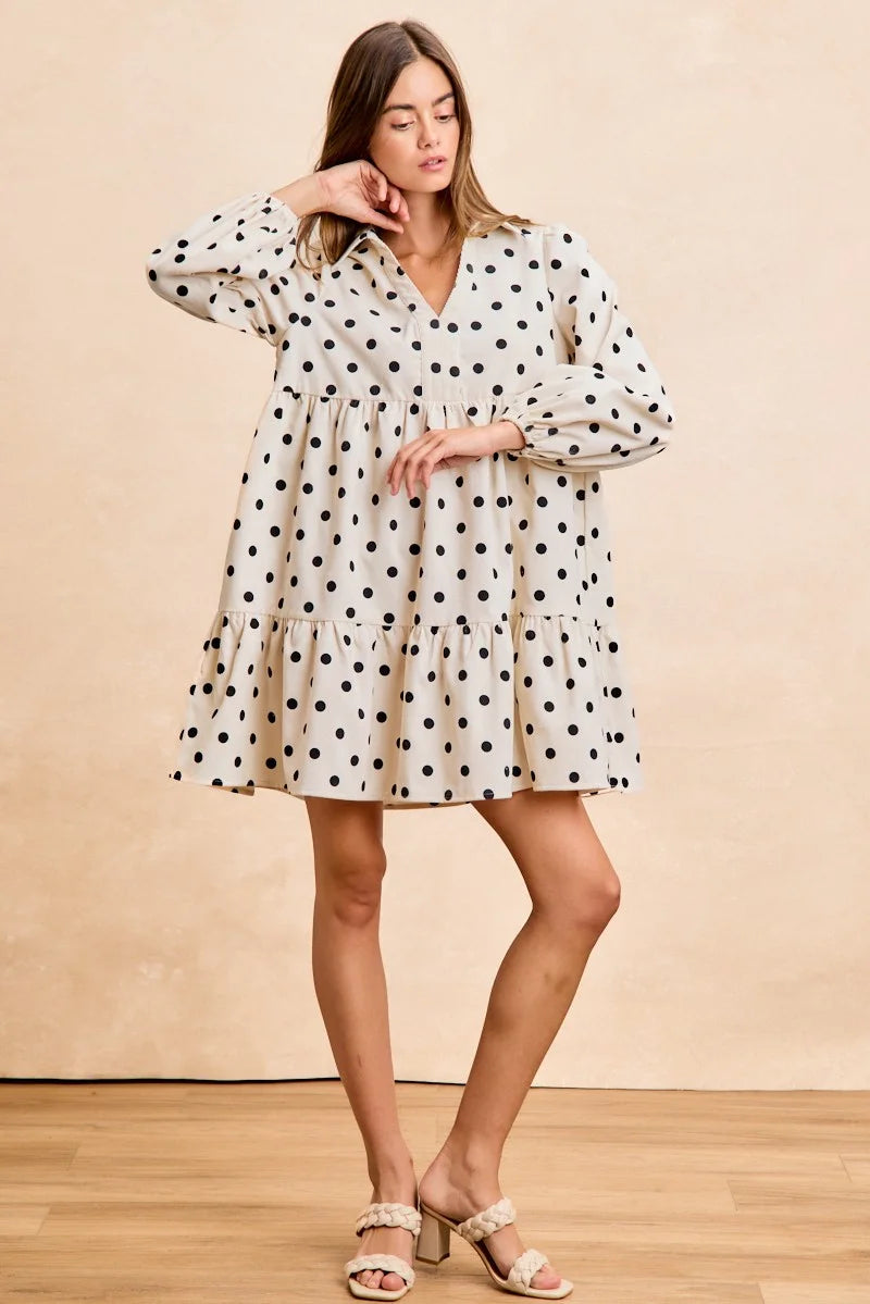 BiBi Polka Dot Corduroy Collared V Neck Dress - IVORY / S