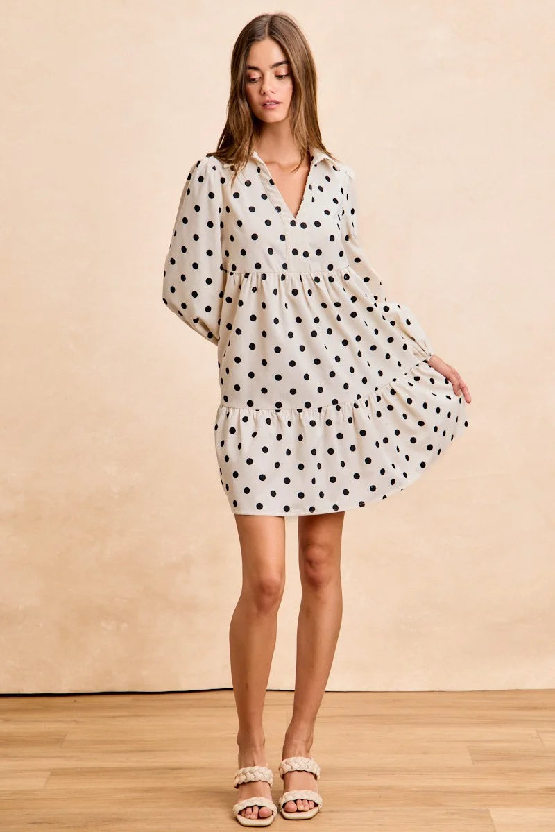 BiBi Polka Dot Corduroy Collared V Neck Dress - IVORY / S